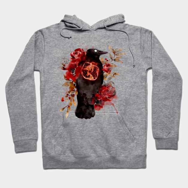 Autumn Oracle Crow Pomegranate Watercolor Hoodie by venglehart